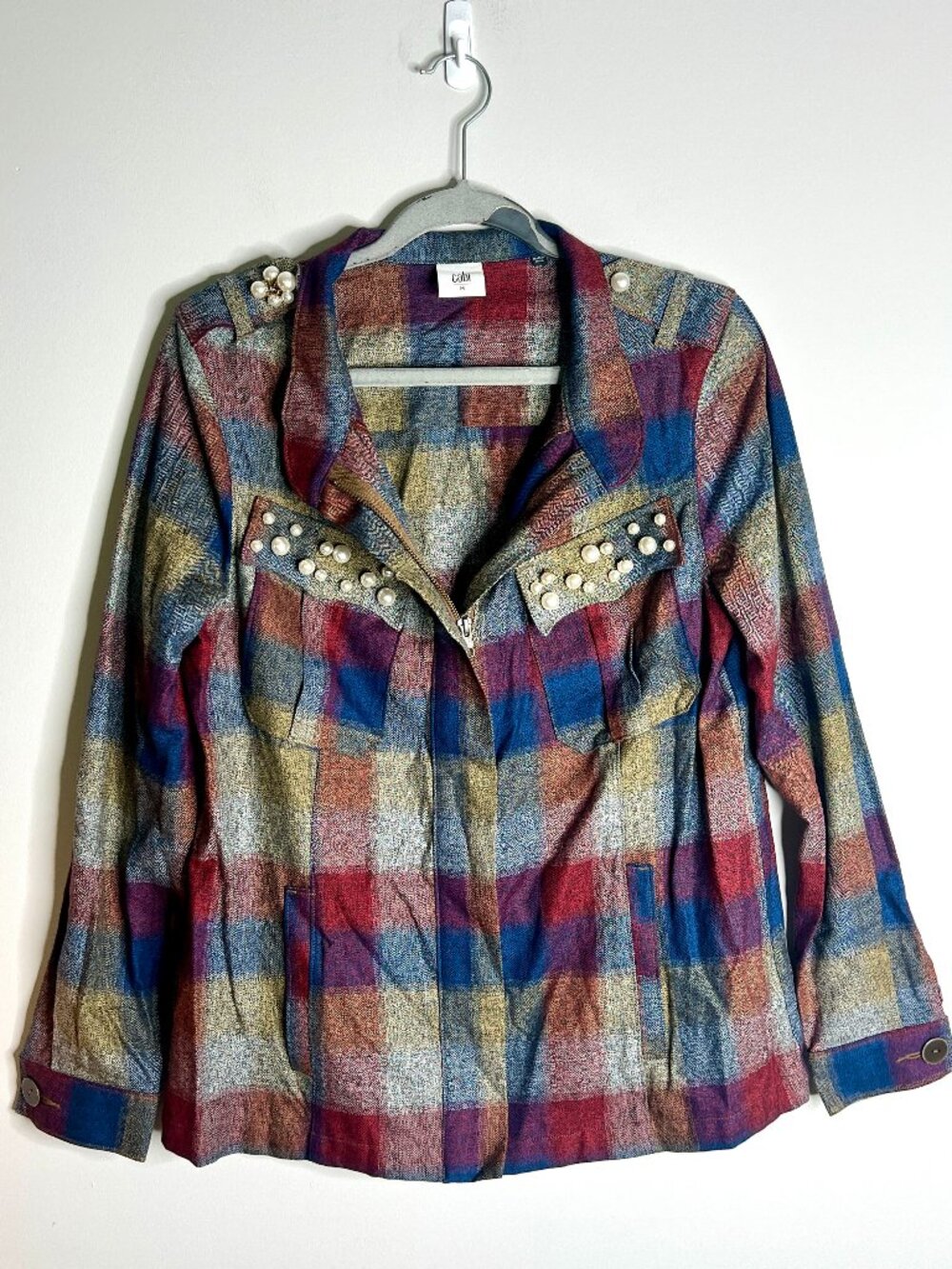 CAbi #3555 Collage Plaid Zip Up Jacket Beaded Fall Transition Cozy Cabin Sz M
